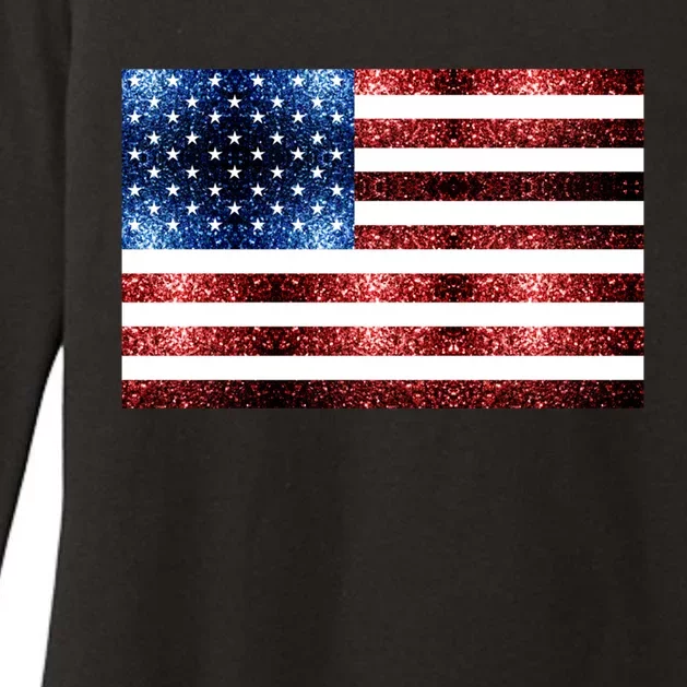 Usa Flag Red Blue Faux Sparkles Glitters Womens CVC Long Sleeve Shirt