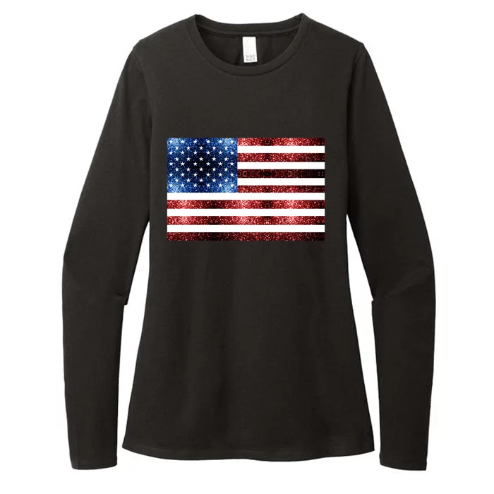 Usa Flag Red Blue Faux Sparkles Glitters Womens CVC Long Sleeve Shirt