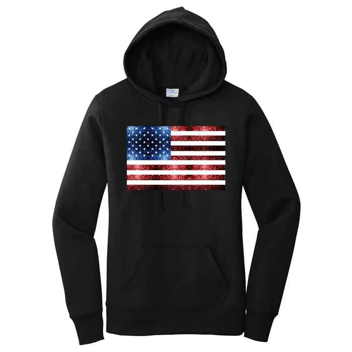 Usa Flag Red Blue Faux Sparkles Glitters Women's Pullover Hoodie