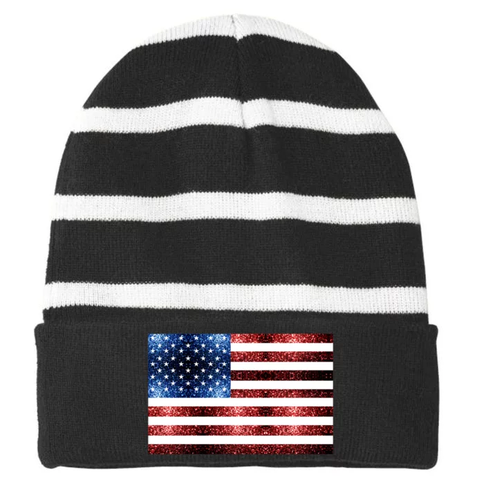 Usa Flag Red Blue Faux Sparkles Glitters Striped Beanie with Solid Band