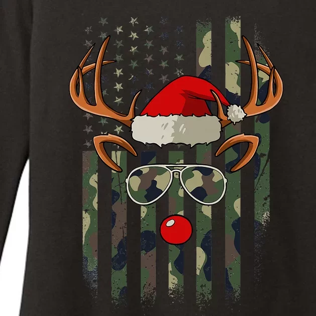 USA Flag Reindeer Camo Christmas Pajama Patriotic XMas Womens CVC Long Sleeve Shirt