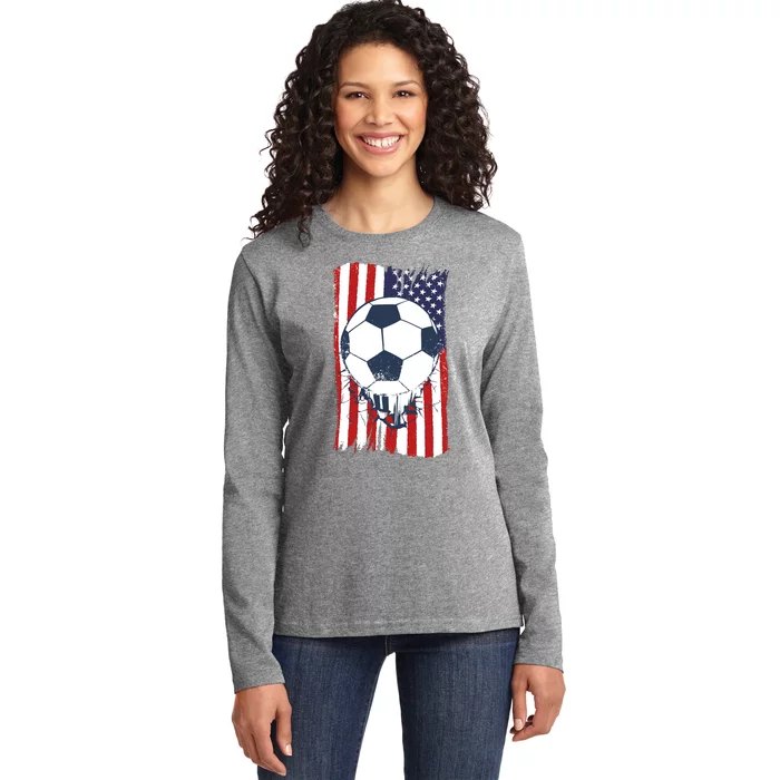 USA Flag Soccer Lover Ladies Long Sleeve Shirt