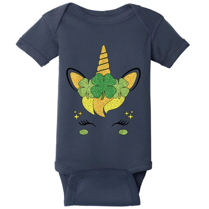 Unicorn Face St Patricks Day Irish Shamrock Baby Bodysuit