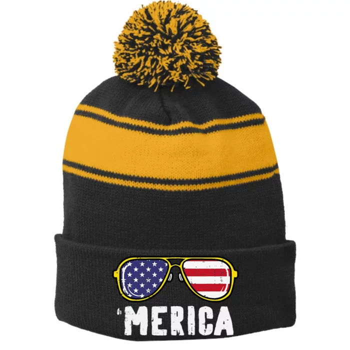 US Flag Sunglass Merica Memorial Day Patriot Stripe Pom Pom Beanie