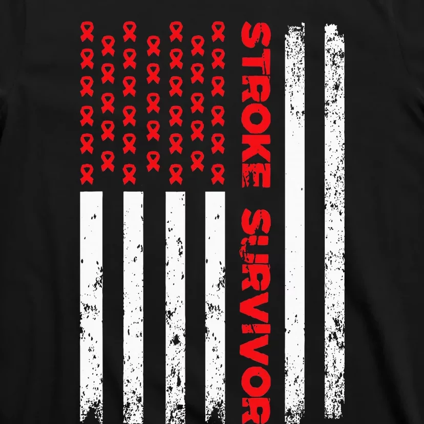 Usa Flag Stroke Survivor Awareness Red Ribbon Brain Attack T-Shirt