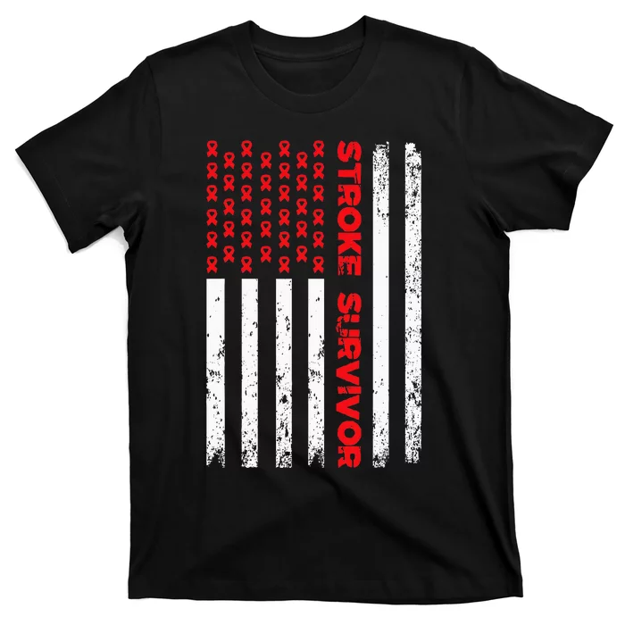 Usa Flag Stroke Survivor Awareness Red Ribbon Brain Attack T-Shirt