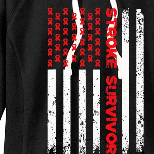 Usa Flag Stroke Survivor Awareness Red Ribbon Brain Attack Women's Fleece Hoodie