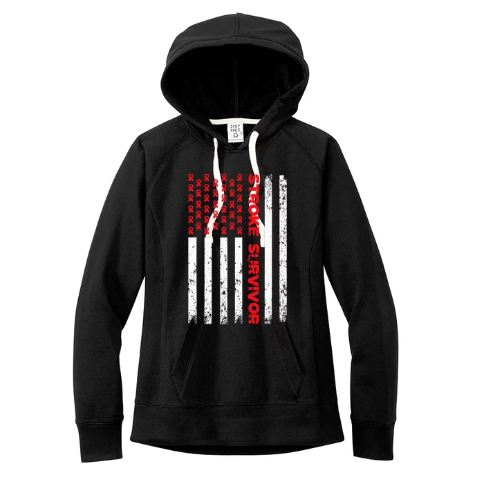 Usa Flag Stroke Survivor Awareness Red Ribbon Brain Attack Women's Fleece Hoodie