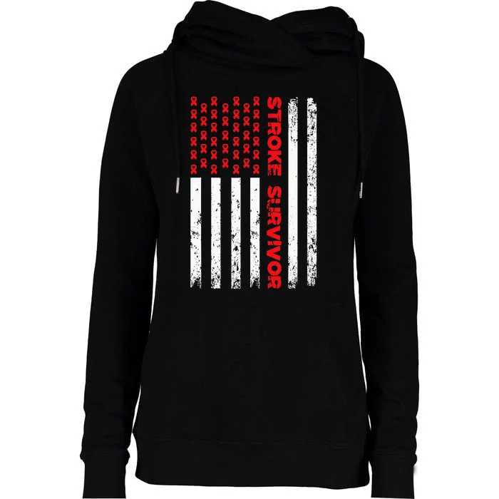 Usa Flag Stroke Survivor Awareness Red Ribbon Brain Attack Womens Funnel Neck Pullover Hood