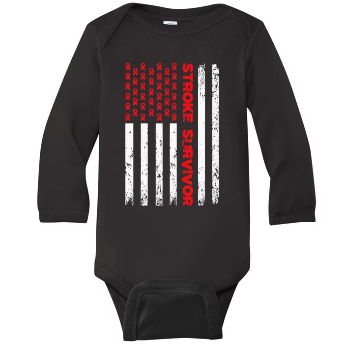 Usa Flag Stroke Survivor Awareness Red Ribbon Brain Attack Baby Long Sleeve Bodysuit