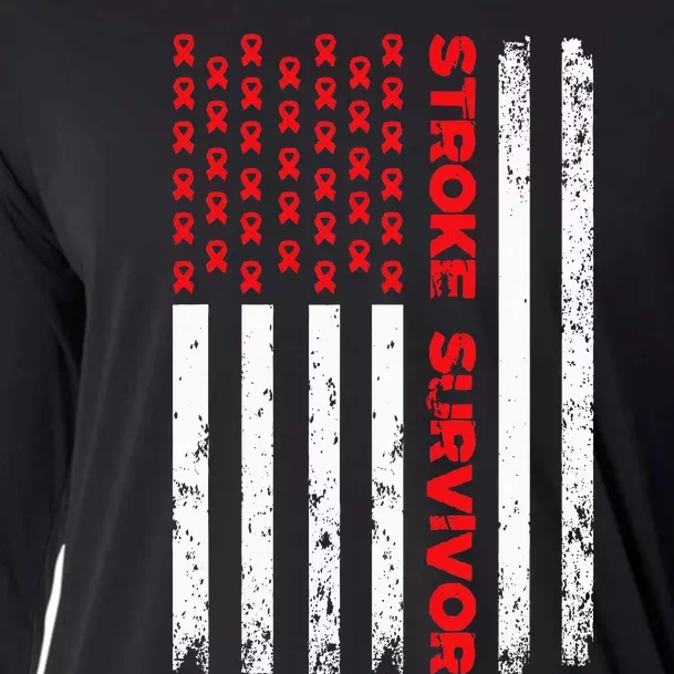 Usa Flag Stroke Survivor Awareness Red Ribbon Brain Attack Cooling Performance Long Sleeve Crew