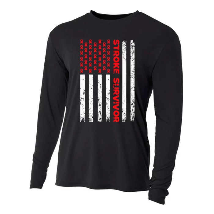 Usa Flag Stroke Survivor Awareness Red Ribbon Brain Attack Cooling Performance Long Sleeve Crew