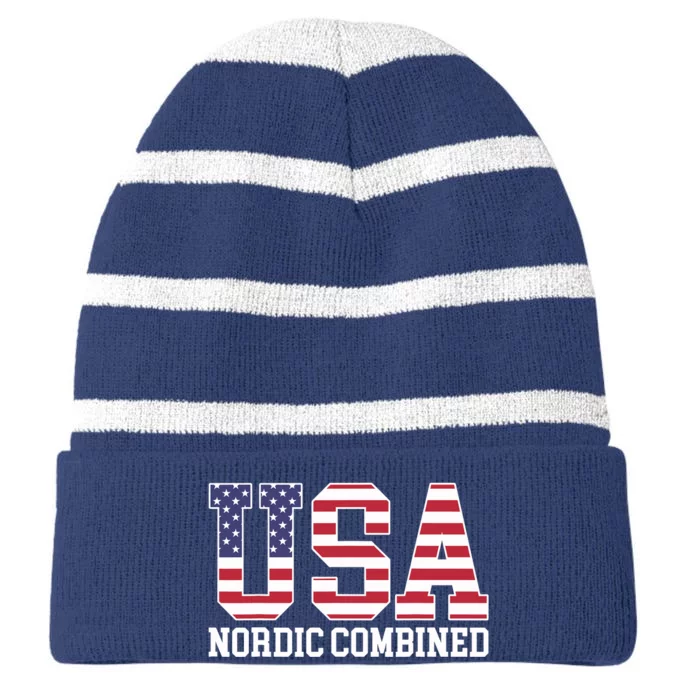 USA Flag Skier American USA Nordic Combined Striped Beanie with Solid Band