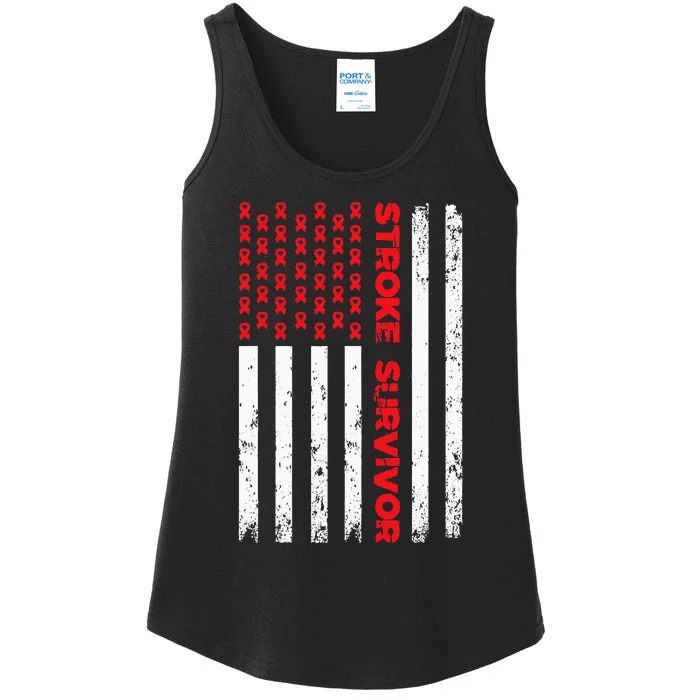 USA Flag Stroke Survivor Awareness Red Ribbon Brain Attack Ladies Essential Tank