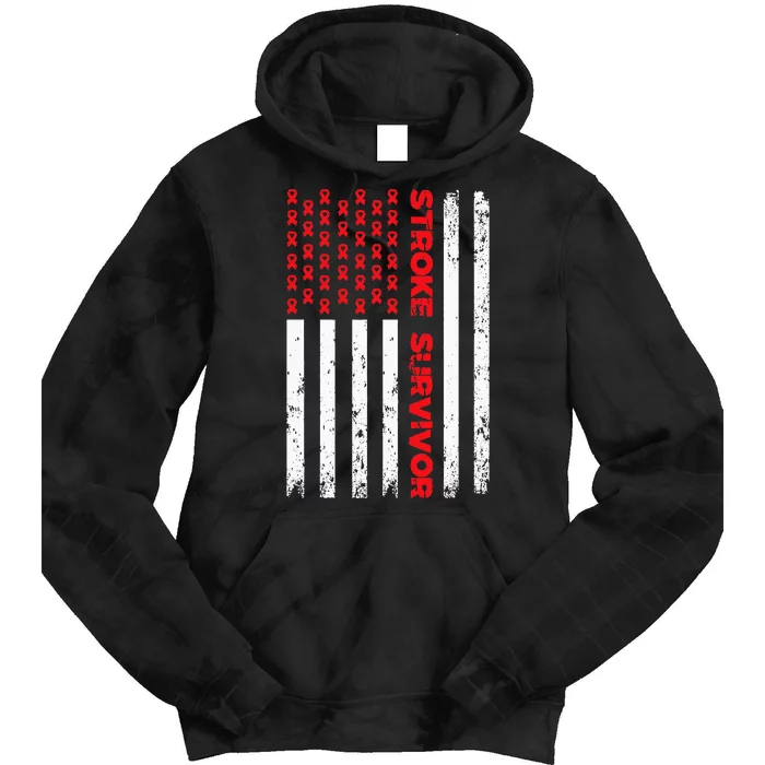 USA Flag Stroke Survivor Awareness Red Ribbon Brain Attack Tie Dye Hoodie