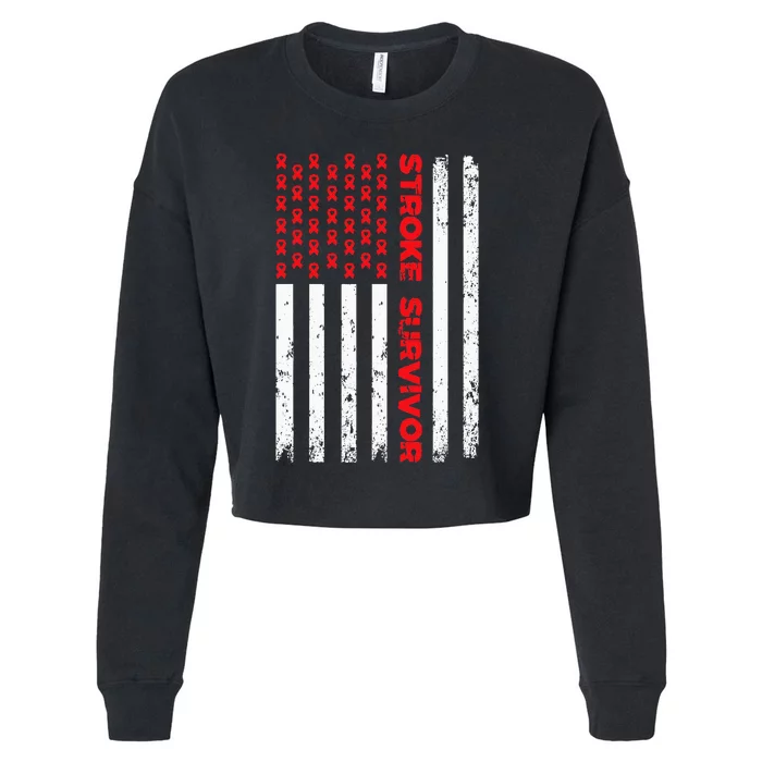 USA Flag Stroke Survivor Awareness Red Ribbon Brain Attack Cropped Pullover Crew