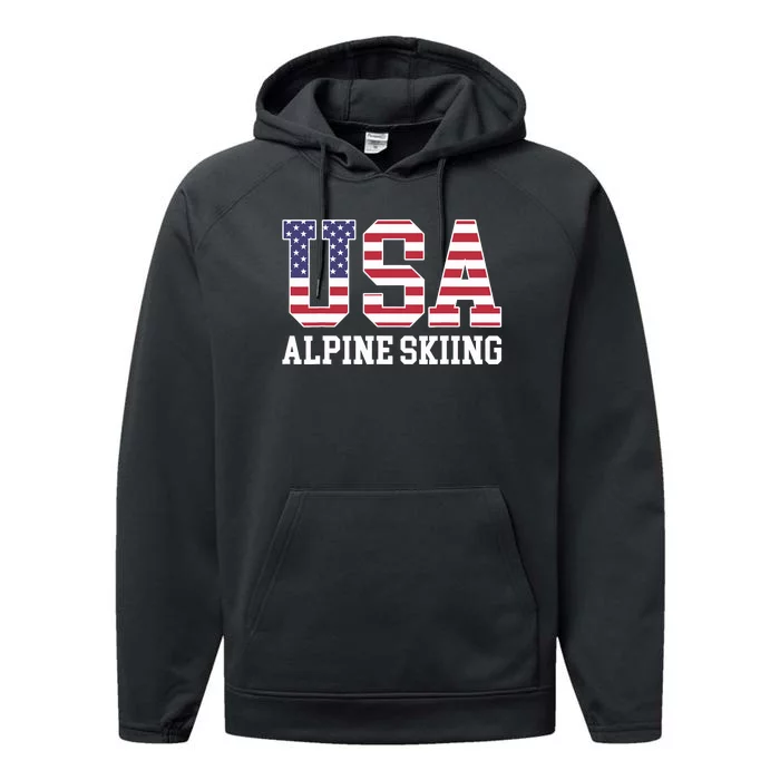 USA Flag Skier American USA Alpine Skiing Performance Fleece Hoodie