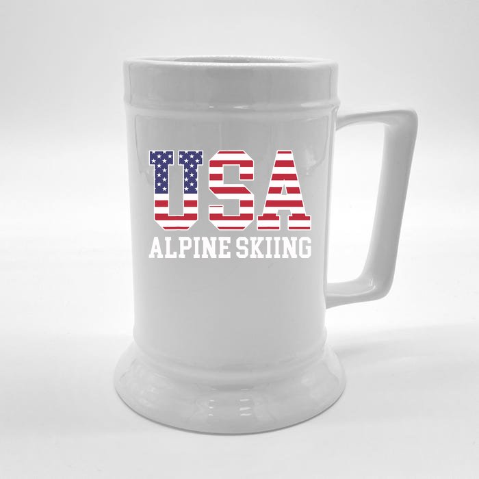 USA Flag Skier American USA Alpine Skiing Front & Back Beer Stein