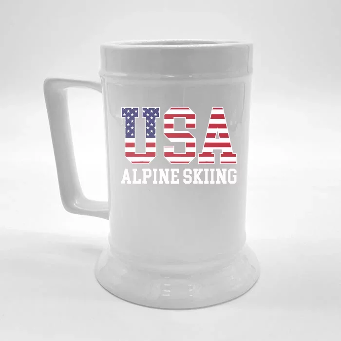 USA Flag Skier American USA Alpine Skiing Front & Back Beer Stein