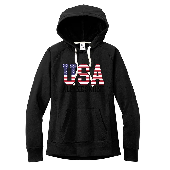 USA Flag Skier American USA Alpine Skiing Women's Fleece Hoodie