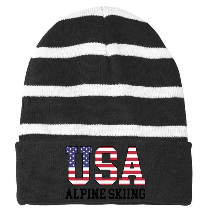 USA Flag Skier American USA Alpine Skiing Striped Beanie with Solid Band