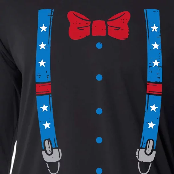 US Flag Suspenders Bow Tie Boy 4th Of July Cooling Performance Long Sleeve Crew