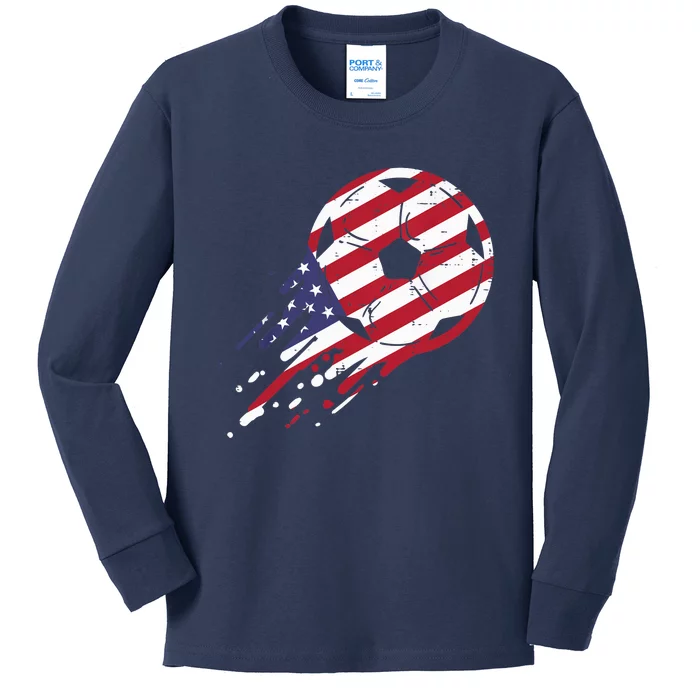 USA Flag Soccer American Ball Football Fan Kids Long Sleeve Shirt