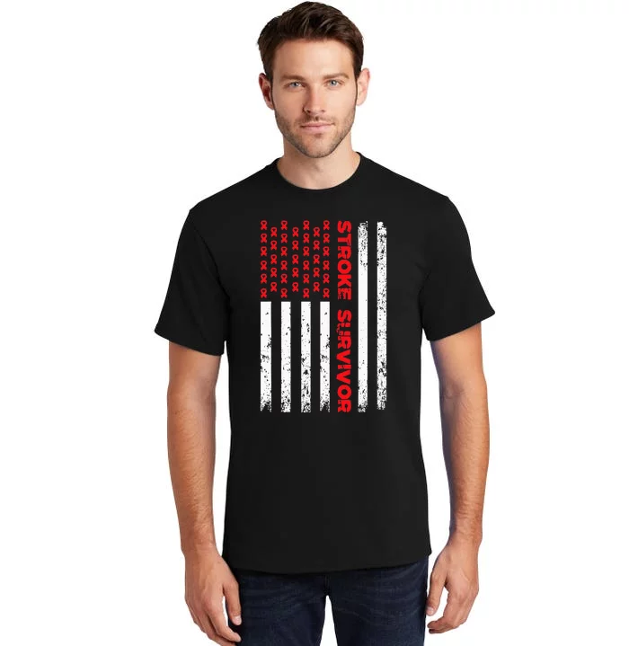 USA Flag Stroke Survivor Awareness Red Ribbon Brain Attack Tall T-Shirt