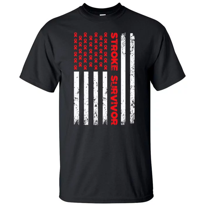 USA Flag Stroke Survivor Awareness Red Ribbon Brain Attack Tall T-Shirt