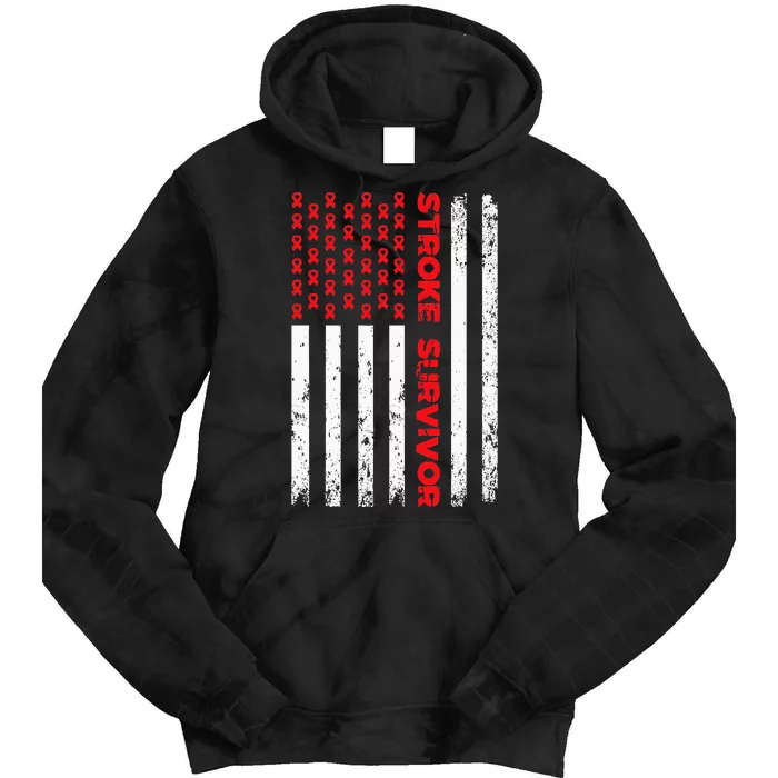 USA Flag Stroke Survivor Awareness Red Ribbon Brain Attack Tie Dye Hoodie