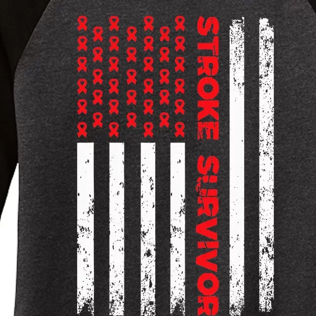 USA Flag Stroke Survivor Awareness Red Ribbon Brain Attack Women's Tri-Blend 3/4-Sleeve Raglan Shirt