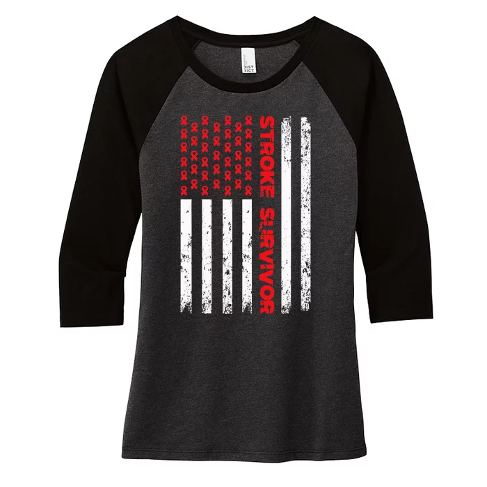 USA Flag Stroke Survivor Awareness Red Ribbon Brain Attack Women's Tri-Blend 3/4-Sleeve Raglan Shirt