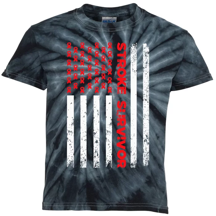 USA Flag Stroke Survivor Awareness Red Ribbon Brain Attack Kids Tie-Dye T-Shirt