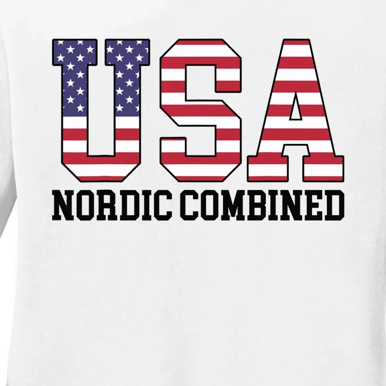 USA Flag Skier American USA Nordic Combined Ladies Long Sleeve Shirt