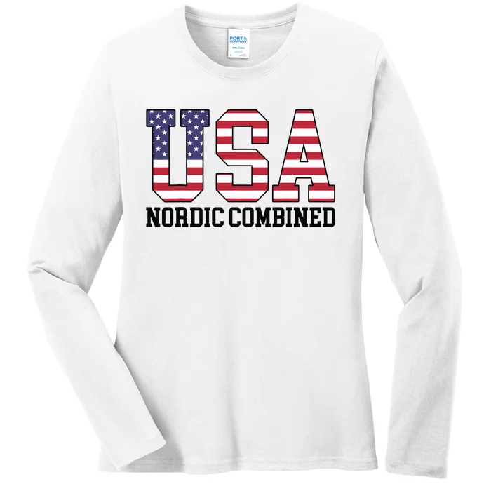 USA Flag Skier American USA Nordic Combined Ladies Long Sleeve Shirt