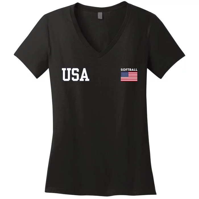 Usa Flag Softball Team Equipment Women's V-Neck T-Shirt