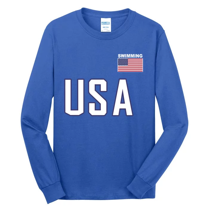 Usa Flag Swimming Great Gift Pocket Swimmer Equipt Gift Tee Tall Long Sleeve T-Shirt