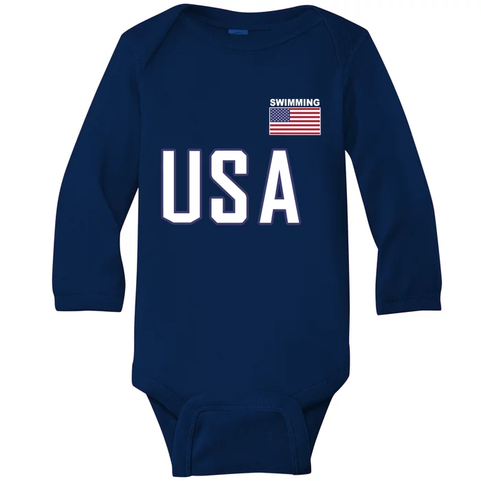 Usa Flag Swimming Great Gift Pocket Swimmer Equipt Gift Tee Baby Long Sleeve Bodysuit