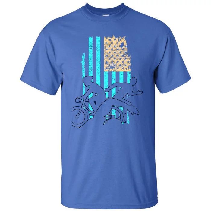 Usa Flag Triathlon Great Gift Swim Bike Run Tall T-Shirt