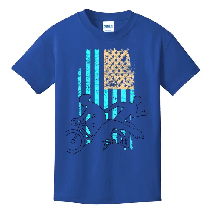 Usa Flag Triathlon Great Gift Swim Bike Run Kids T-Shirt