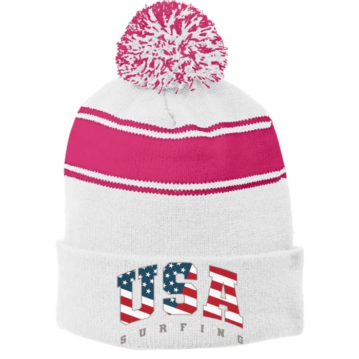 USA Flag Team Surf Support Athlete Surfing Stripe Pom Pom Beanie