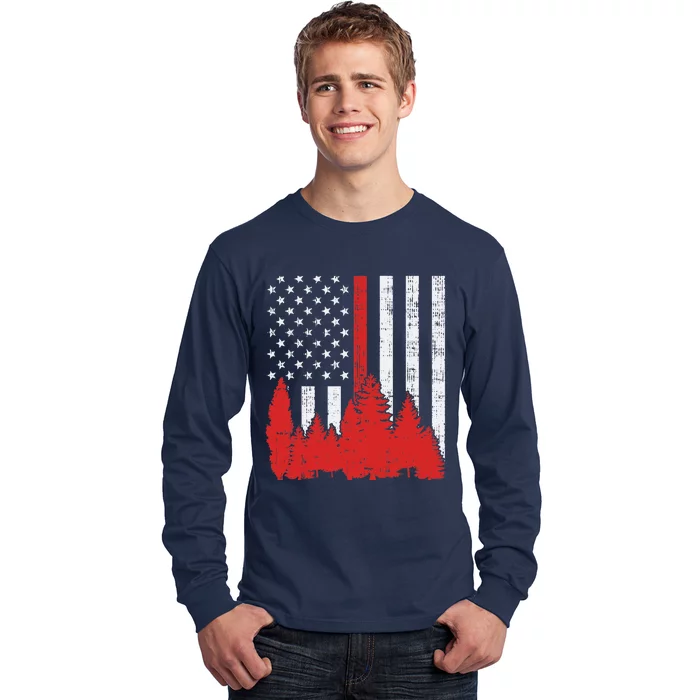 USA Flag Thin Red Line Forest Fire Wildland Firefighter Gift Long Sleeve Shirt