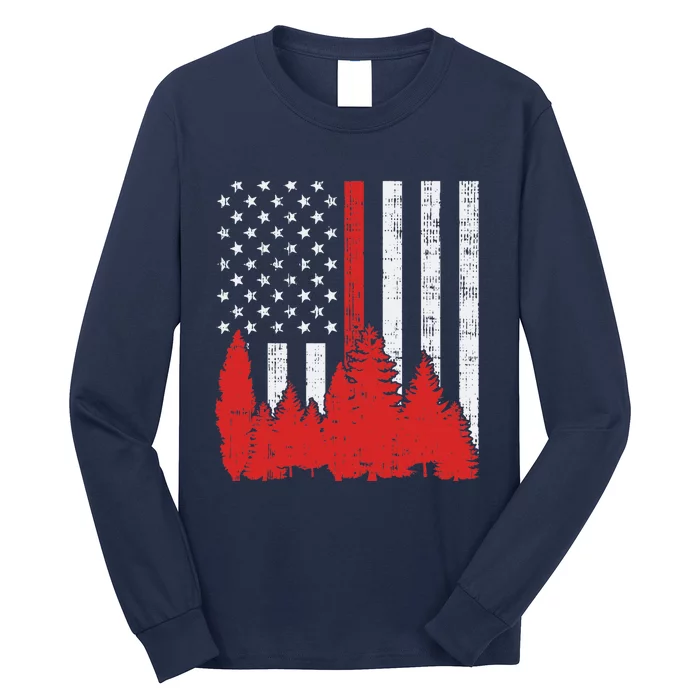 USA Flag Thin Red Line Forest Fire Wildland Firefighter Gift Long Sleeve Shirt