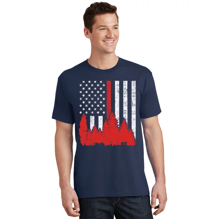 USA Flag Thin Red Line Forest Fire Wildland Firefighter Gift T-Shirt