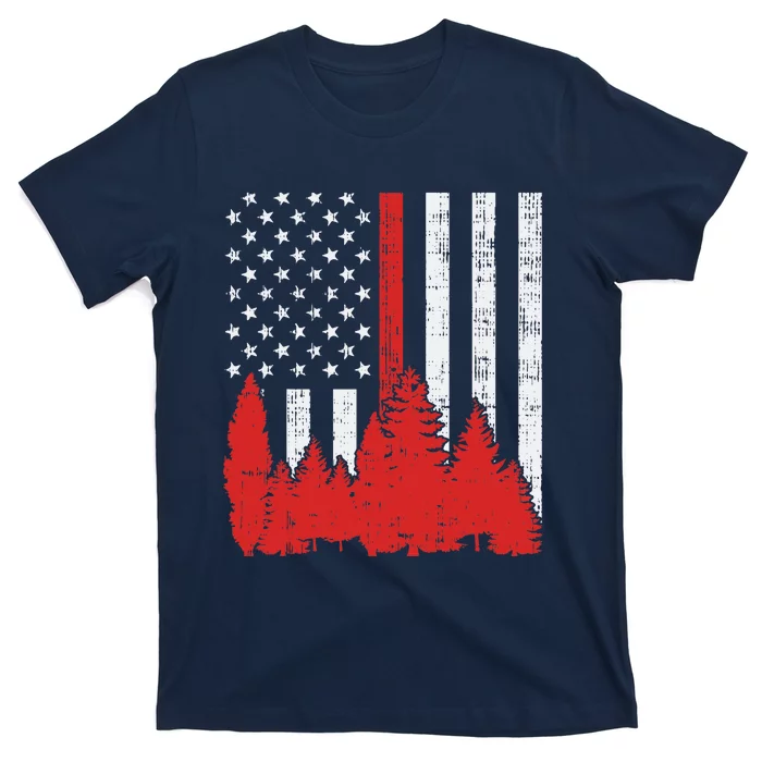 USA Flag Thin Red Line Forest Fire Wildland Firefighter Gift T-Shirt