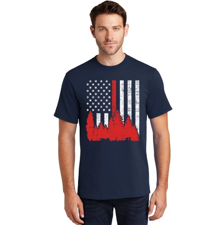 USA Flag Thin Red Line Forest Fire Wildland Firefighter Gift Tall T-Shirt