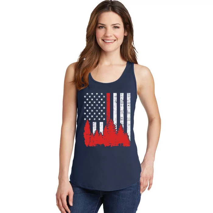 USA Flag Thin Red Line Forest Fire Wildland Firefighter Gift Ladies Essential Tank