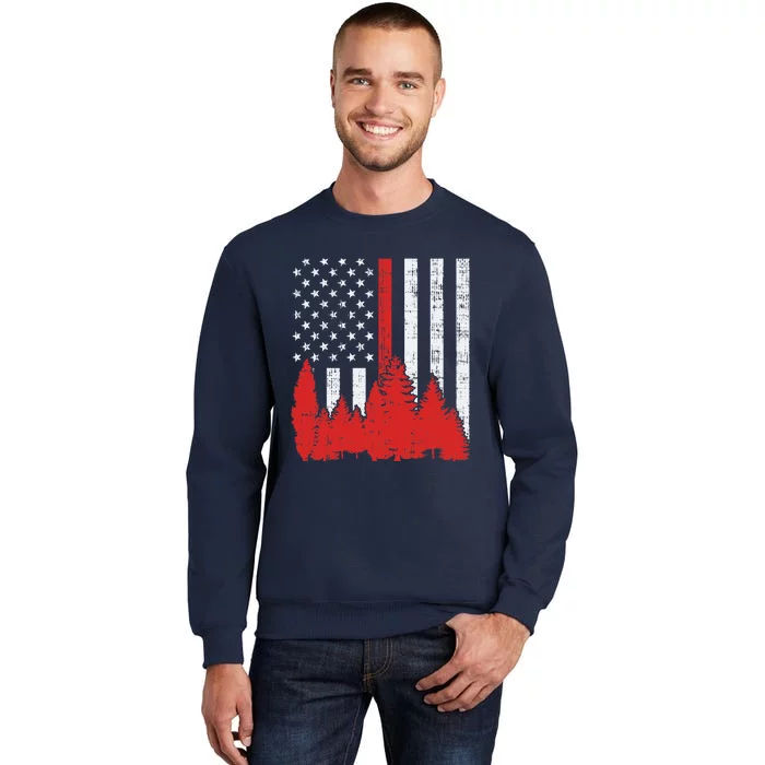 USA Flag Thin Red Line Forest Fire Wildland Firefighter Gift Tall Sweatshirt