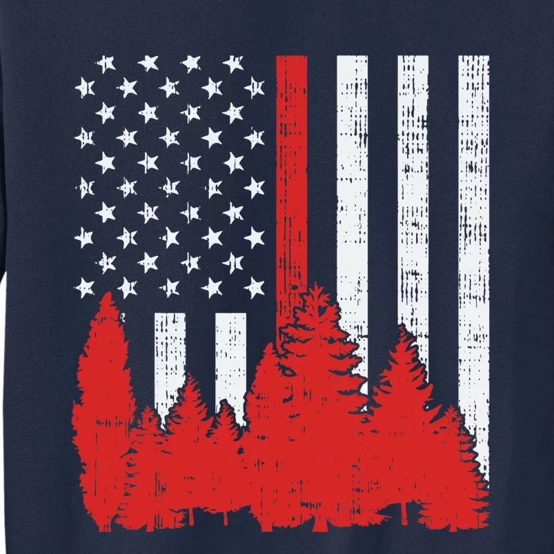 USA Flag Thin Red Line Forest Fire Wildland Firefighter Gift Tall Sweatshirt