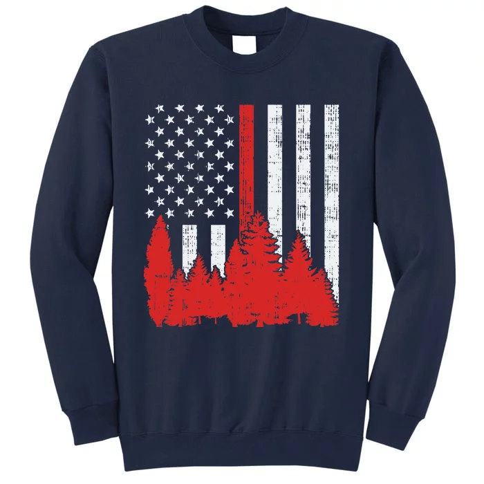 USA Flag Thin Red Line Forest Fire Wildland Firefighter Gift Tall Sweatshirt